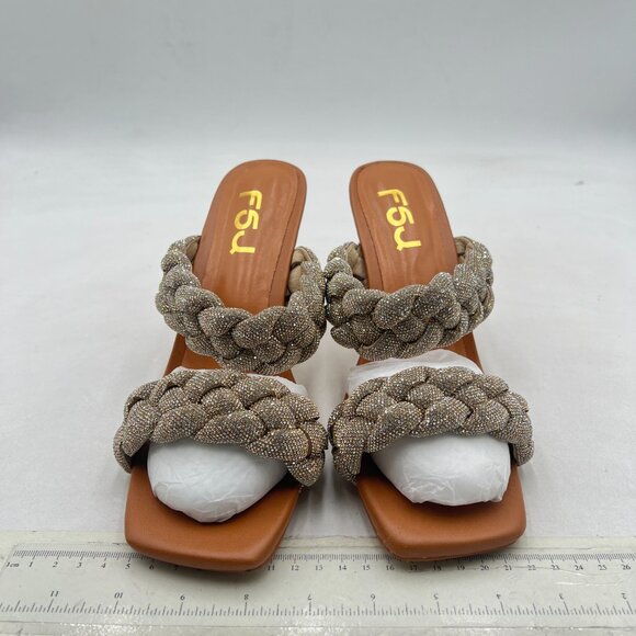 FSJ Nude Square Open Toe Stiletto Heels Rhinestones Sandals Mules Two Strap Shoe - Picture 2 of 7